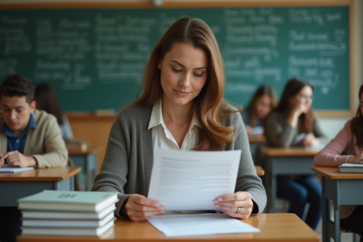 Professeure en classe examinant un devoir d'élève
