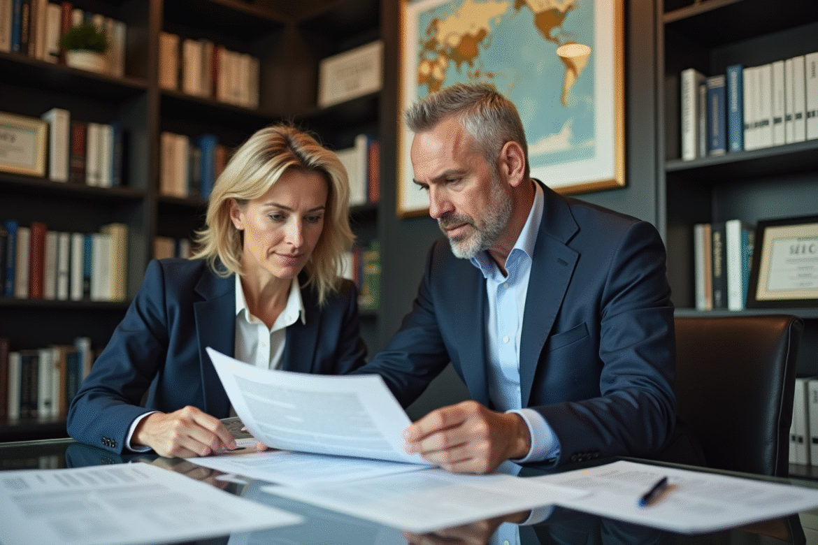 Couple professionnel examinant des documents immobiliers