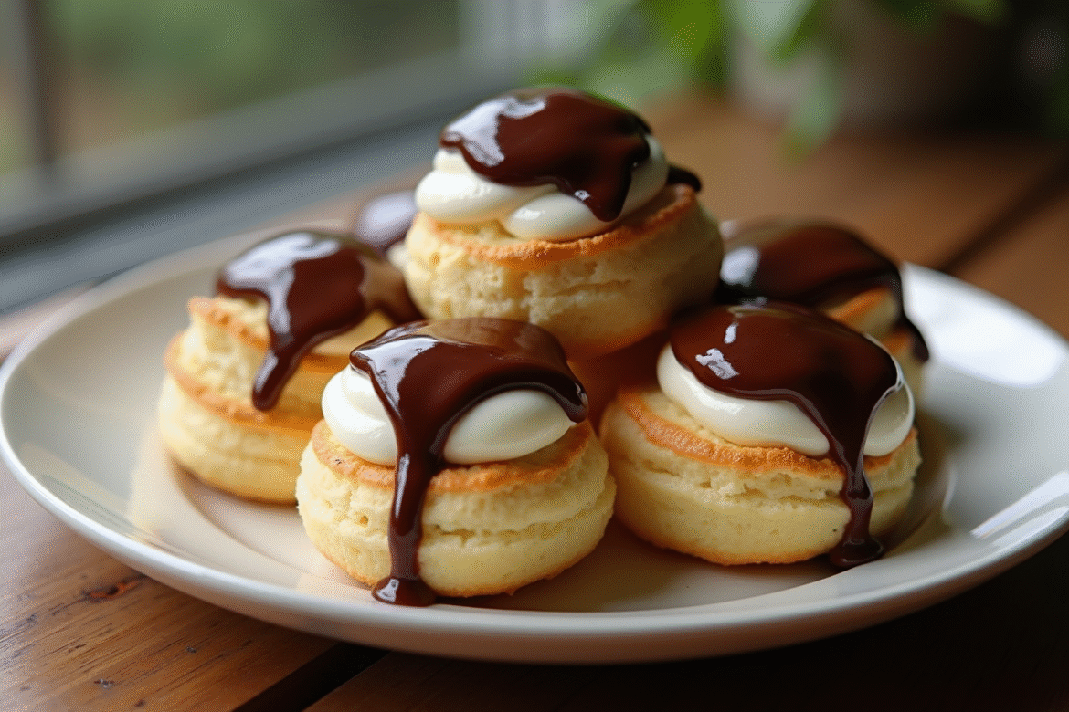 Assiette de profiteroles maison avec crème et sauce chocolat