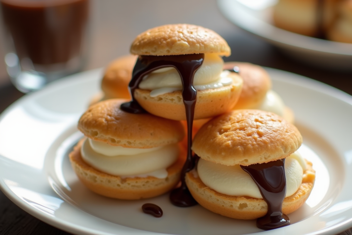 Gros plan de profiteroles avec glace vanille et chocolat fondant