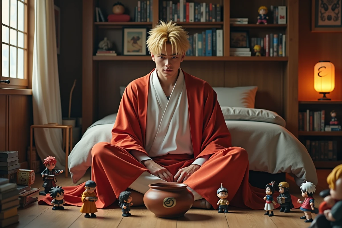 Jeune homme costumé en Hokage entouré de figurines Naruto dans une chambre japonaise cosy