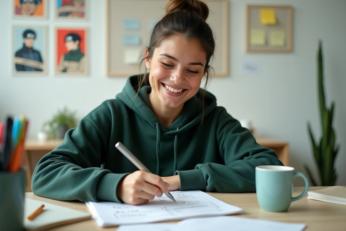 Jeune femme répondant à un quiz de personnalité Naruto à son bureau avec des dessins de Hokage