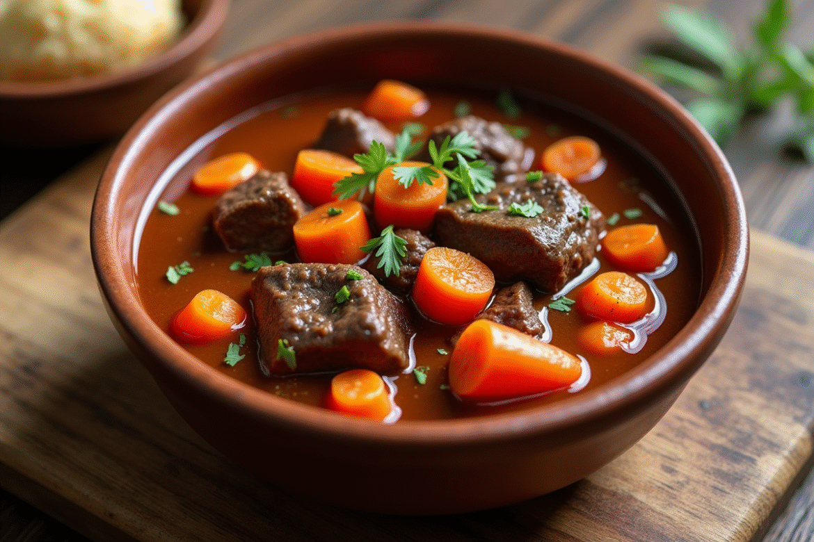 Ragoût de boeuf et carottes dans un bol rustique