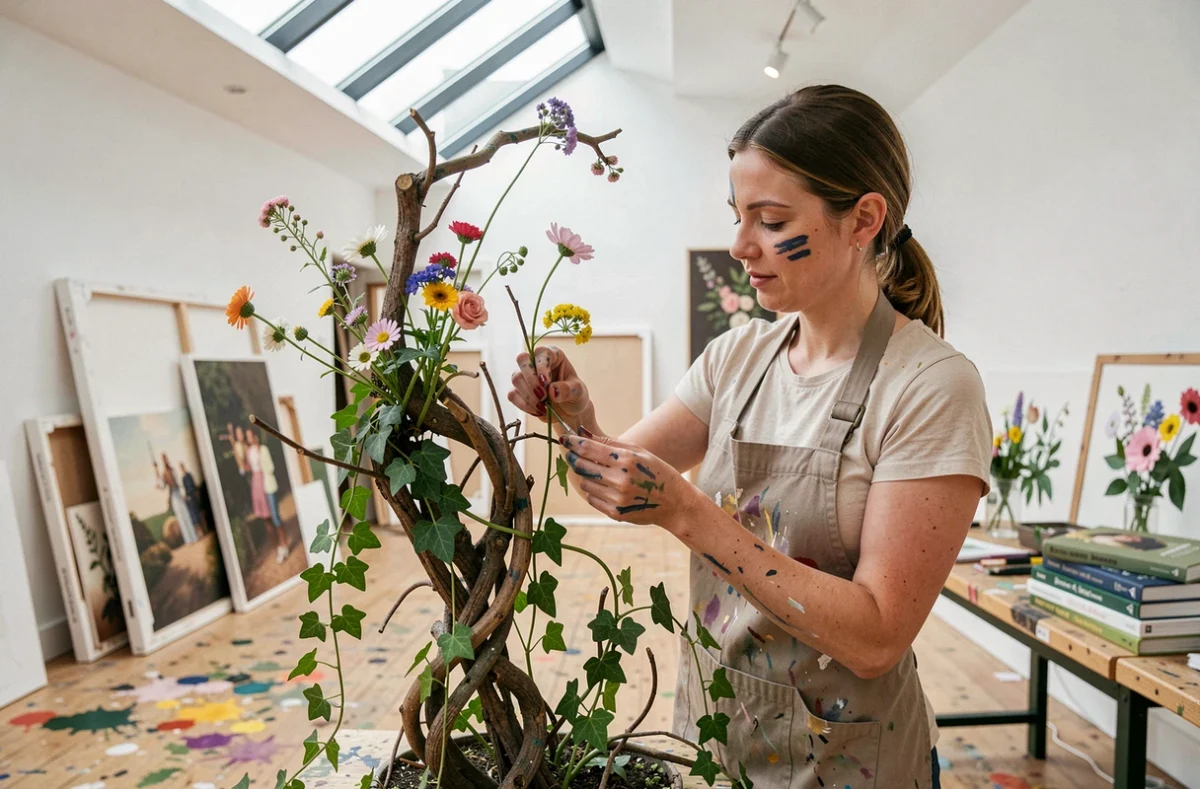 L'artiste florale Rébecca assemblant une sculpture florale élaborée avec des fleurs sauvages et branches torsadées dans un atelier d'art lumineux