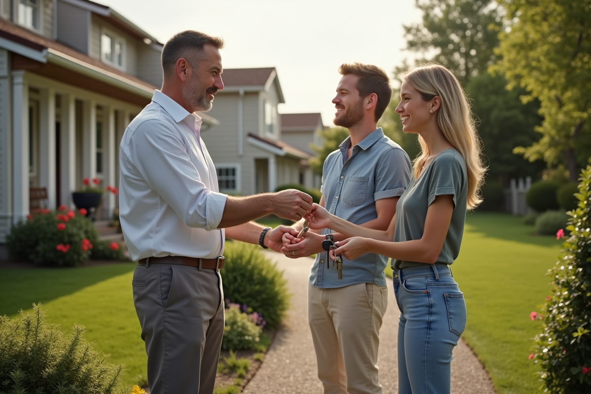 Homme donnant des clés à un jeune couple devant une maison