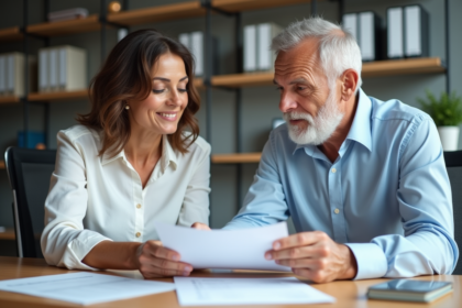 Deux adultes en réunion administrative dans un bureau lumineux
