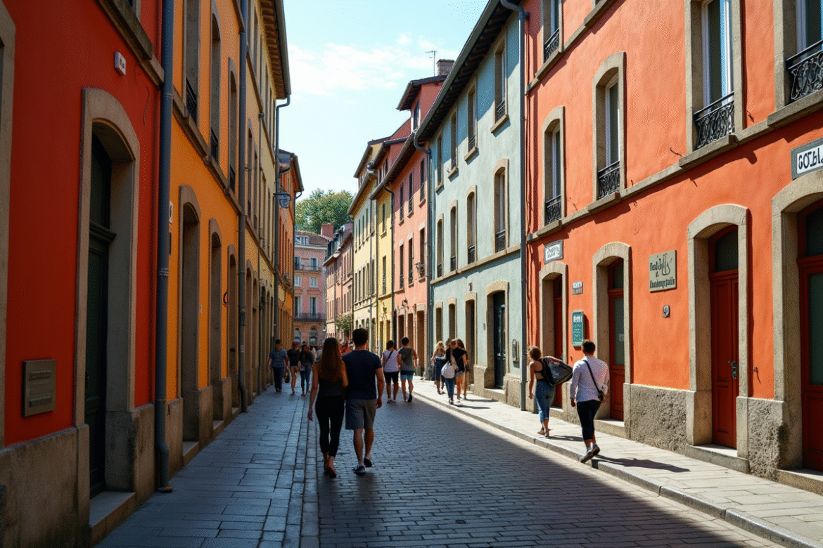 Rue colorée de Toulouse avec numéros et code postal