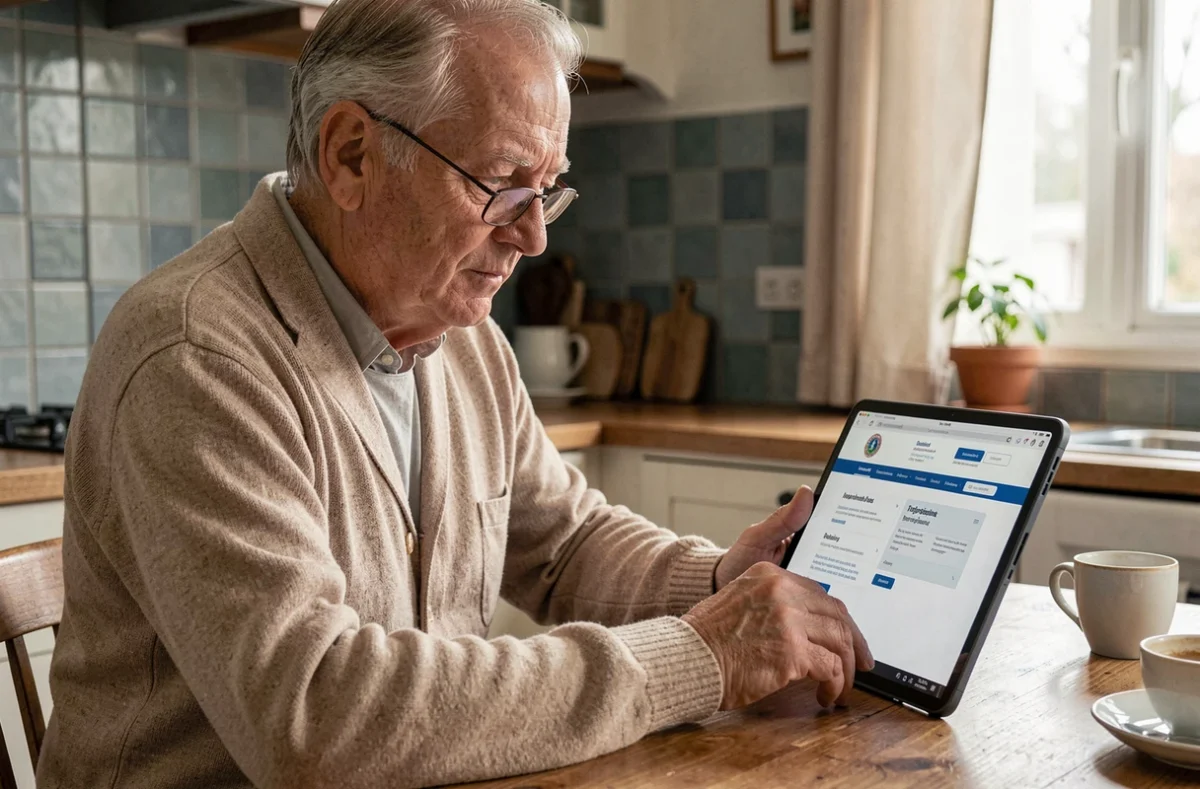 Senior signalant un numéro de téléphone frauduleux via un site officiel sur tablette depuis chez lui