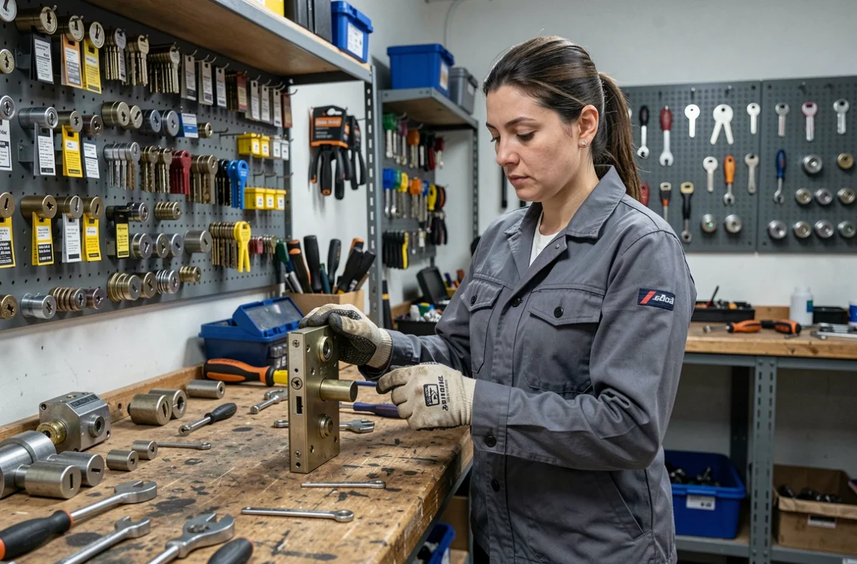 Serrurier femme dans un atelier de serrurerie professionnel examinant un mécanisme de serrure
