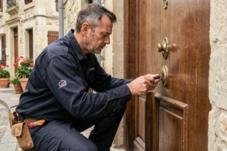 Serrurier professionnel en intervention devant une porte en bois dans une rue en Ille-et-Vilaine