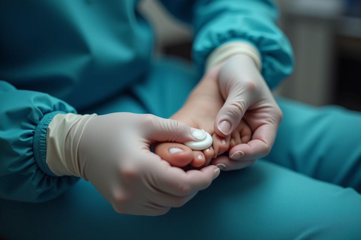 Professionnel de sante appliquant creme sur le pied d un patient diabetique
