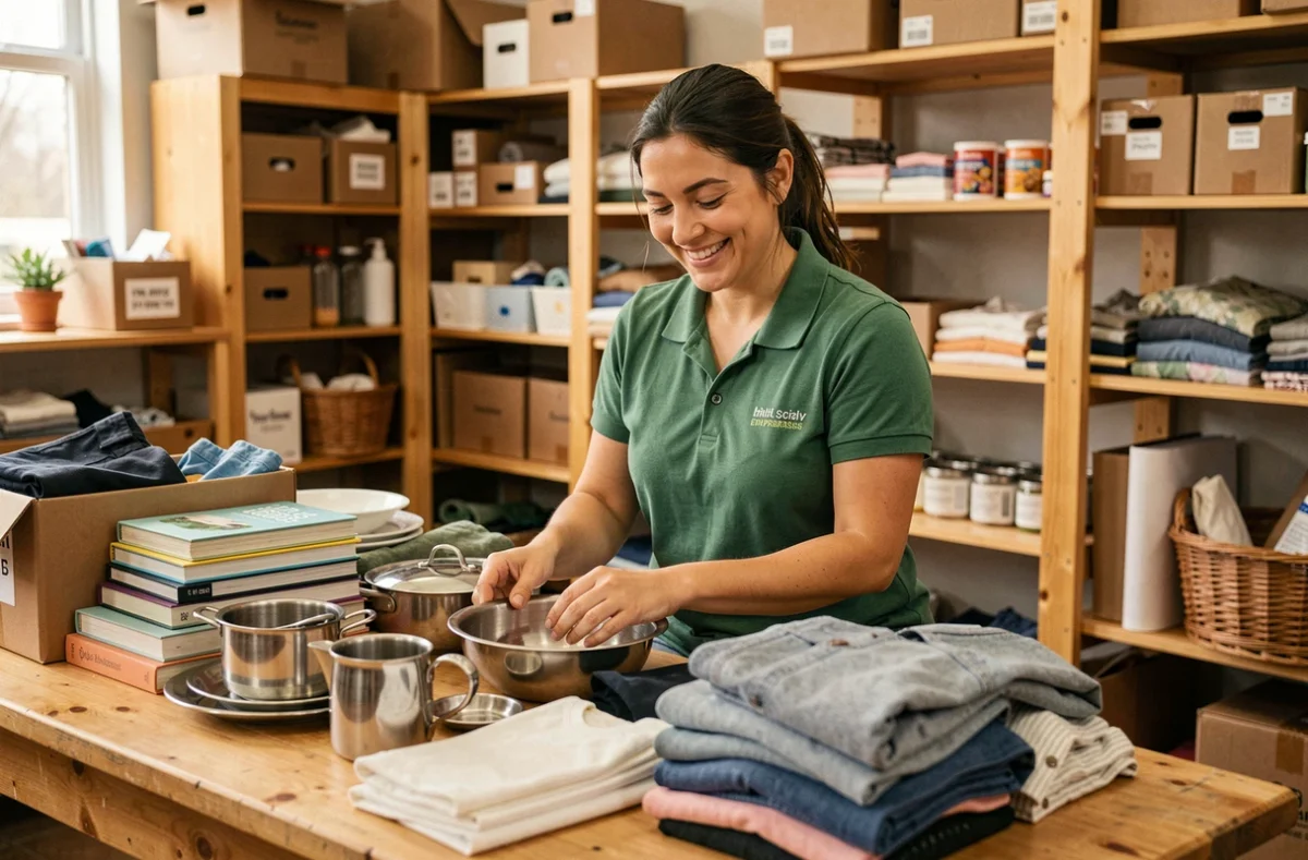 Une bénévole de Soli'Débarras triant des objets du quotidien dans un centre de réemploi solidaire