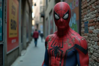 Cosplayeur en costume Spider-Man usé dans une ruelle urbaine sombre, évoquant l'univers de Marvel et le personnage du Caméléon