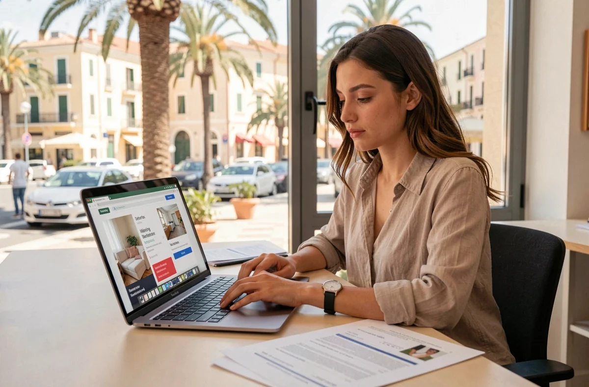 Une utilisatrice consultant la plateforme Super Débarras sur son ordinateur portable dans un espace de travail moderne à Nice