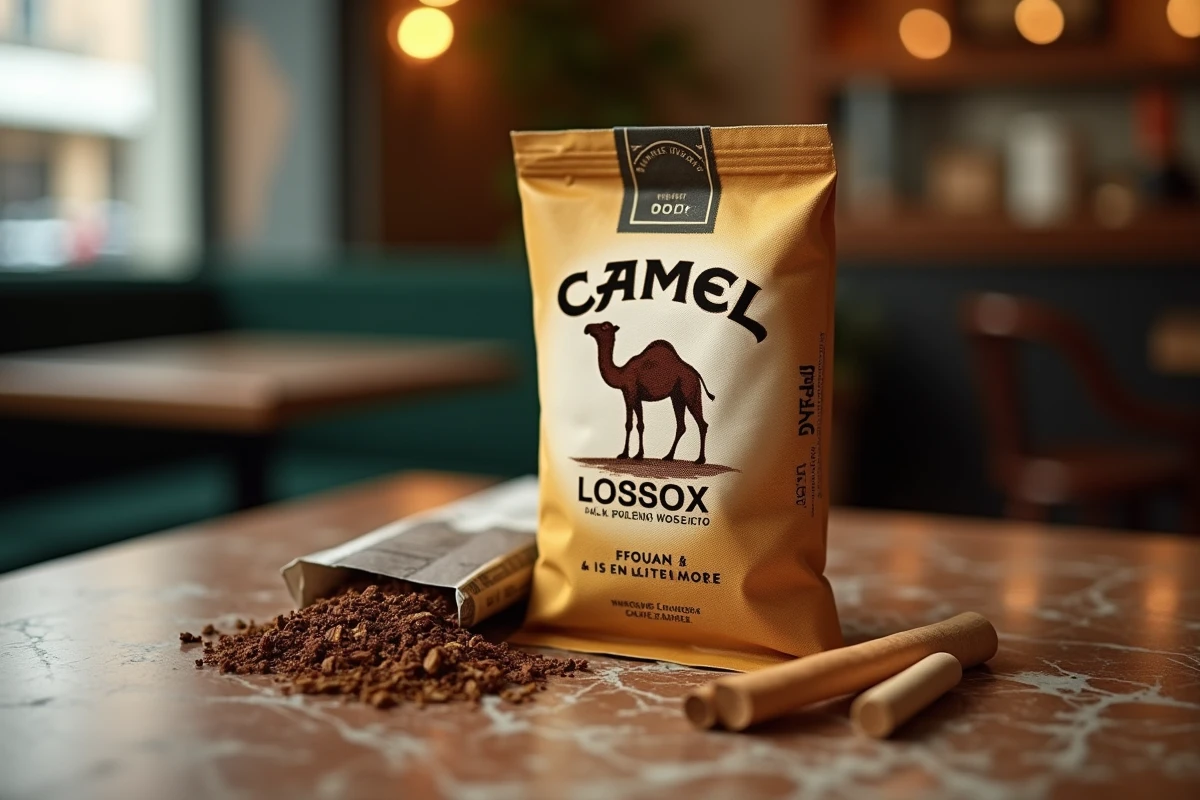 Paquet de tabac à rouler Camel 30g posé sur une table de café en bois usé avec papiers à rouler et filtres