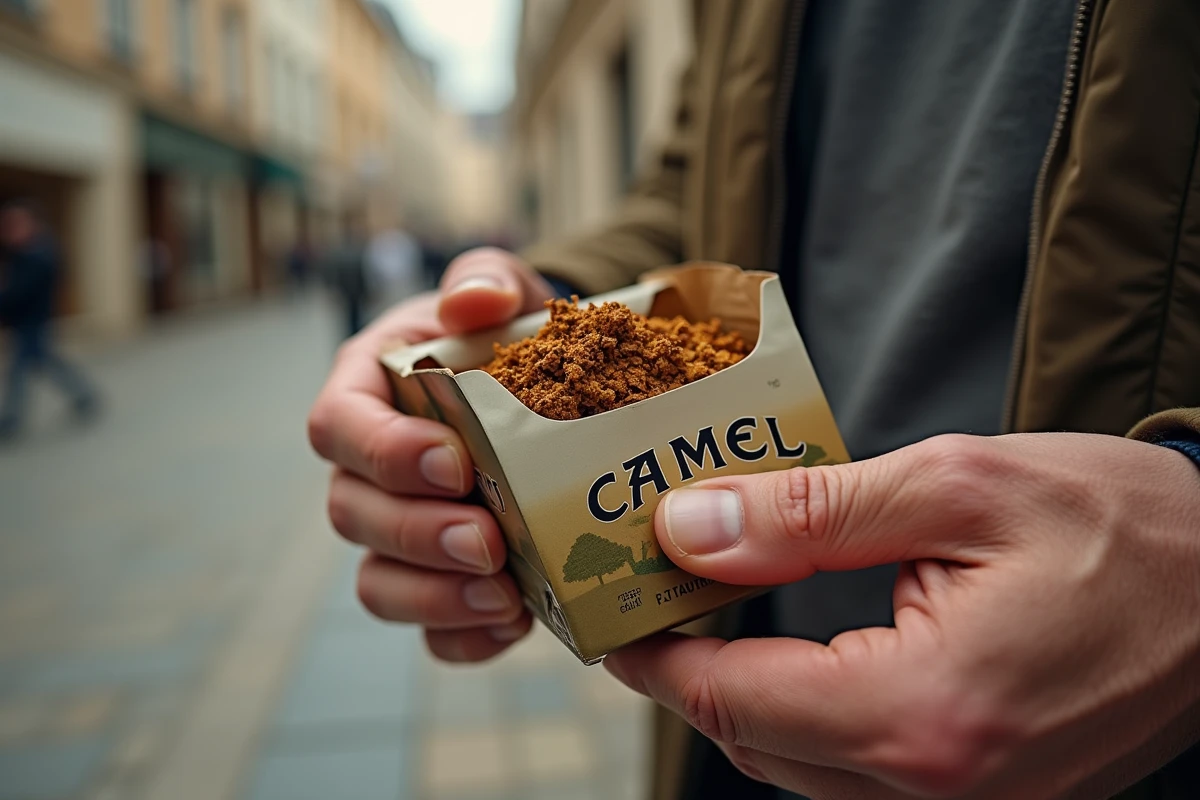 Mains tenant un paquet ouvert de tabac à rouler Camel 30g avec tabac blond visible à l'intérieur en terrasse urbaine