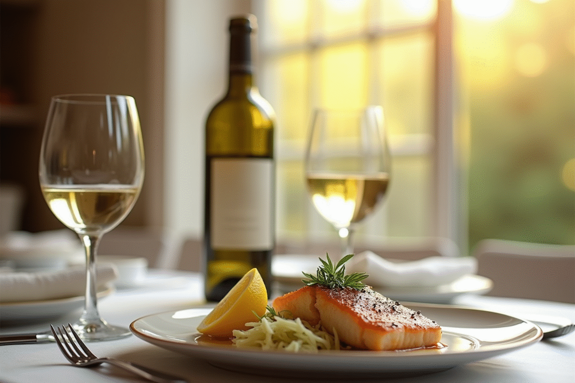 Table élégante avec vin blanc et poisson aux herbes
