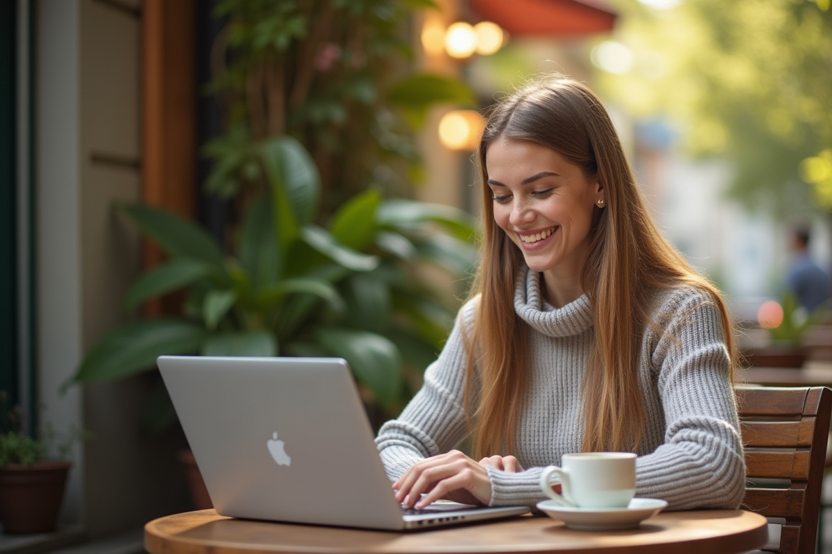 Personne travaillant dehors avec un café et des plantes vertes