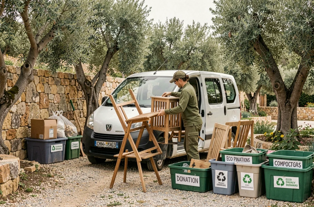 Un employé de Tree Talet chargeant des meubles réutilisables dans un camion électrique lors d'un débarras écoresponsable