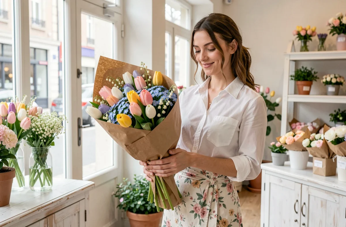 Fleuriste de Un Matin De Mai emballant un bouquet printanier de tulipes et muguet dans du papier kraft dans une boutique lumineuse