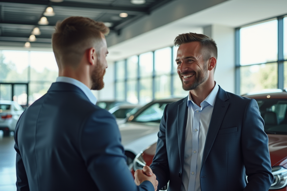 Vendeur BMW souriant avec client dans un showroom lumineux