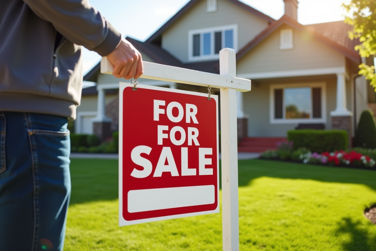 Personne posant une affiche vente maison devant une maison