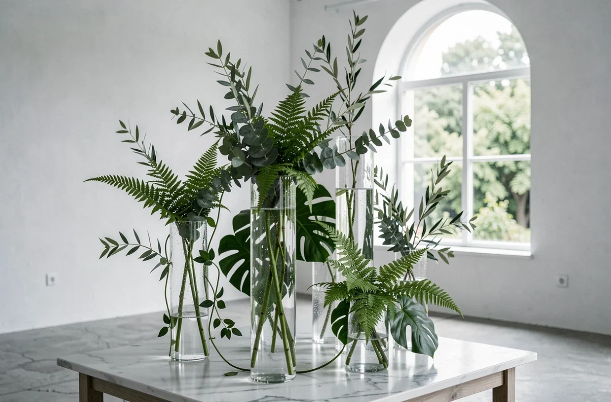 Arrangements végétaux architecturaux de Vert Tige avec des fougères, eucalyptus et branches d'olivier dans des cylindres en verre sur marbre blanc