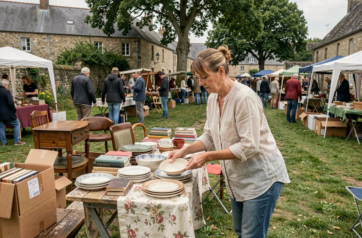 Femme parcourant les étals d'un vide grenier en plein air dans le Morbihan, Bretagne, avec de la vaisselle ancienne et des objets chinés disposés sur des tables