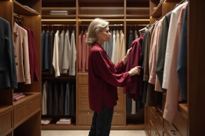 Femme élégante choisissant une blouse en soie bordeaux dans un dressing