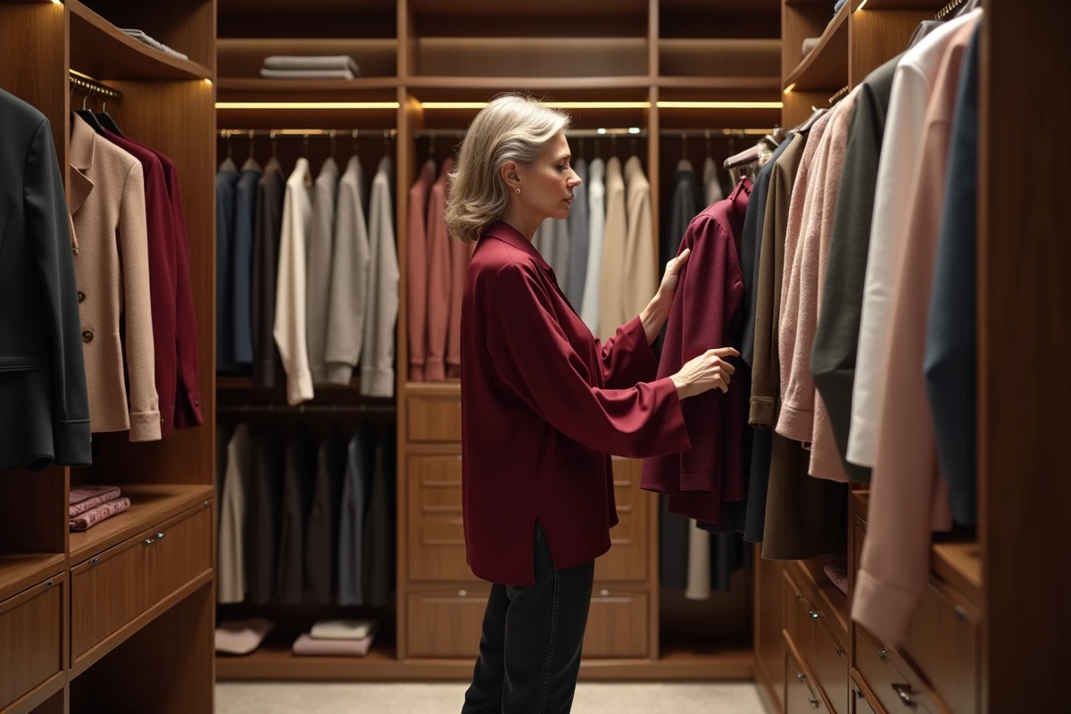 Femme élégante choisissant une blouse en soie bordeaux dans un dressing