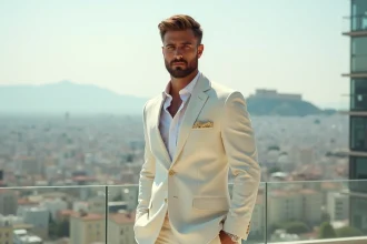 Zeus modernisé en costume blanc sur une terrasse athénienne avec vue sur l'Acropole en 2026